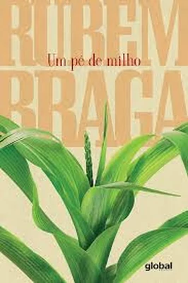 Capa do livro Um pé de milho, com ilustração de folhas verdes sobre fundo claro.