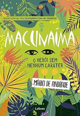 Capa do livro Macunaíma, com folhas e flores em verde e amarelo ao redor do título.