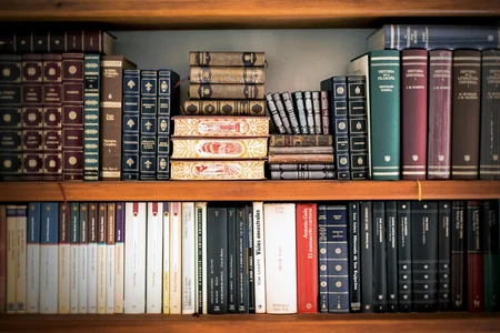 Estante repleta de livros organizados em diferentes volumes
