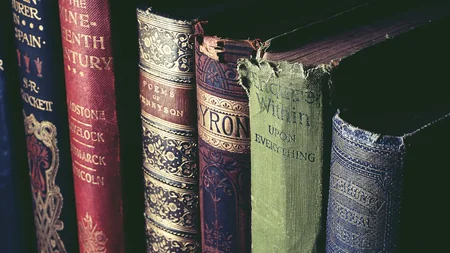 Livros antigos enfileirados com lombadas decoradas