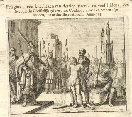 Gravura de Jan Luyken representando o esquartejamento de São Paio em Córdova