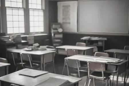 Sala de aula vazia com carteiras organizadas em fileiras