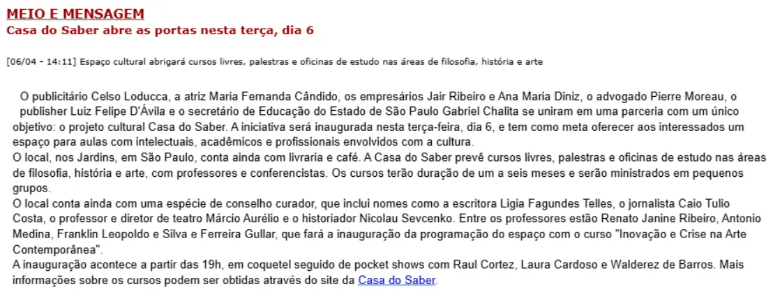 Notícia de inauguração da Casa do Saber no portal Meio e Mensagem