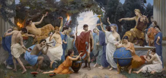 Apolo e Dionísio cercados por figuras da mitologia grega