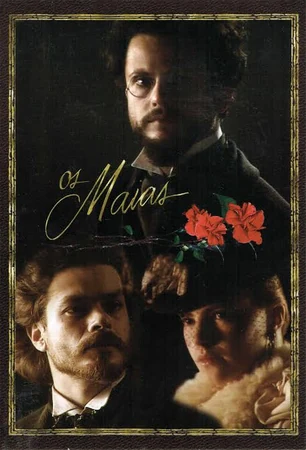 Capa de Os Maias com três personagens em trajes de época