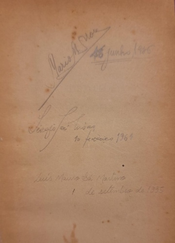 Página envelhecida com dedicatórias, assinaturas e datas manuscritas no livro História da Filosofia, de Will Durant