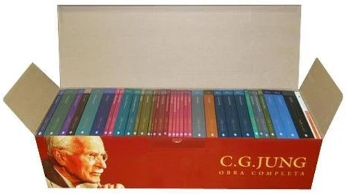 Coleção de livros das obras completas de Carl Gustav Jung em caixa aberta