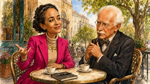 Caricatura de Tatiana Paranaguá conversando com Carl G. Jung durante um café