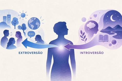 Ilustração das atitudes de extroversão e introversão, representadas por setas direcionadas ao ambiente externo e ao mundo interno