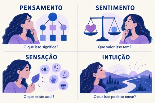 Infográfico com as quatro funções psicológicas: pensamento, sentimento, sensação e intuição