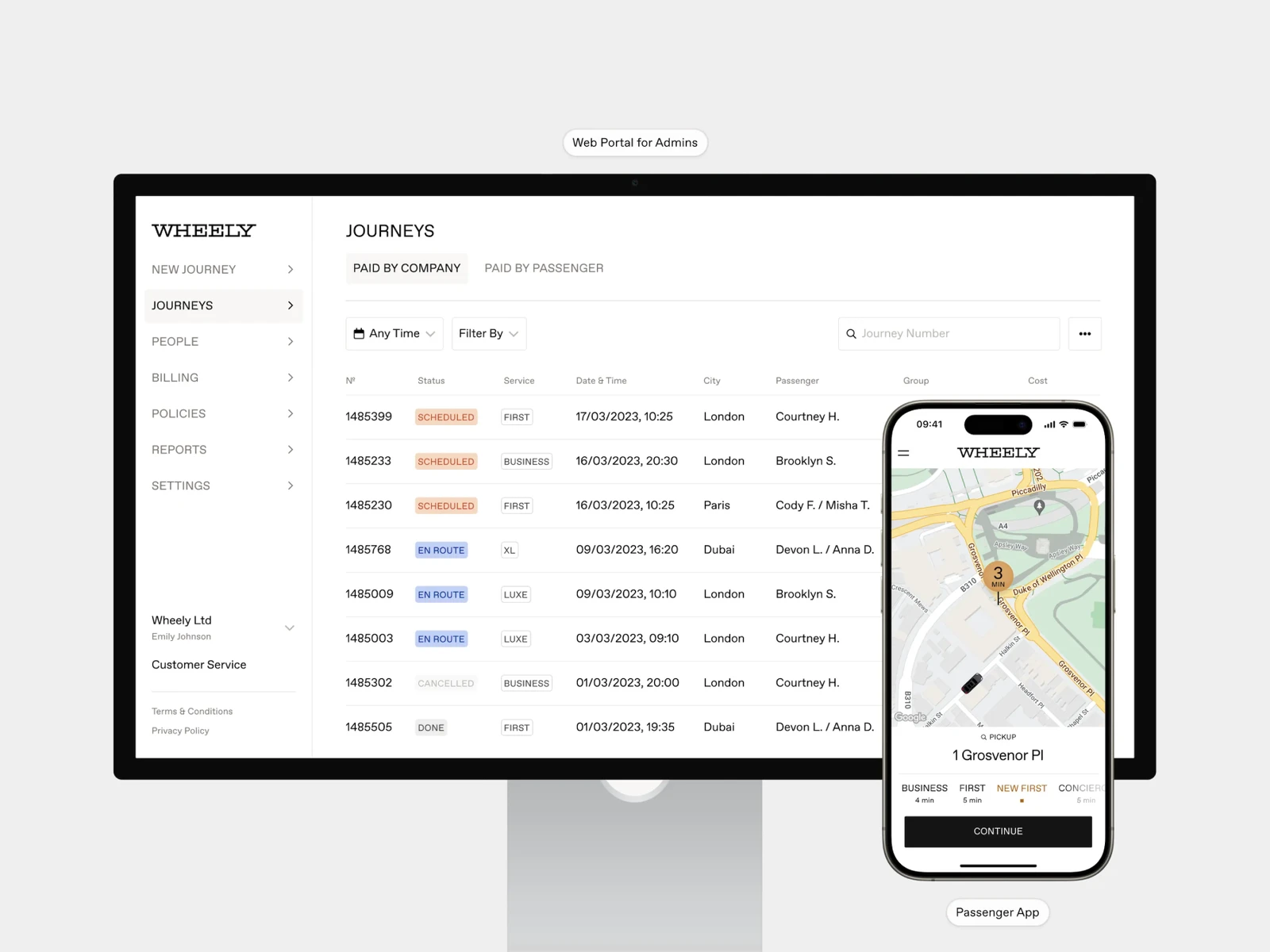 Wheely admin web portal on a desktop monitor and the passenger app on a phone