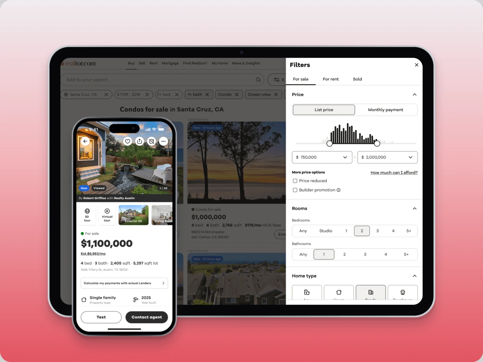 Realtor.com search on an iPad and a listing screen on an iPhone