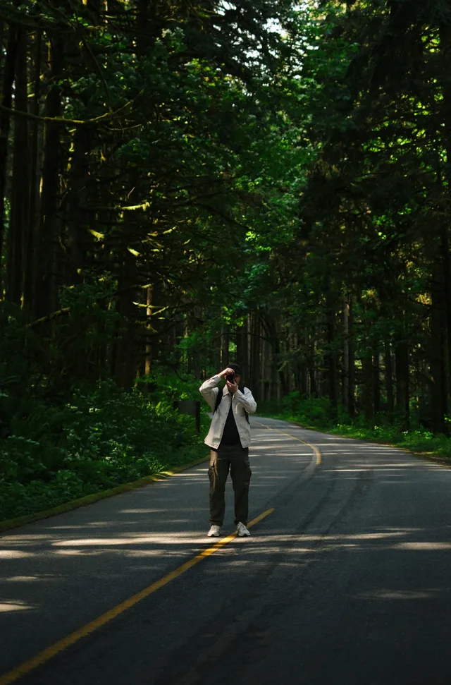 Man photographing on a forest road