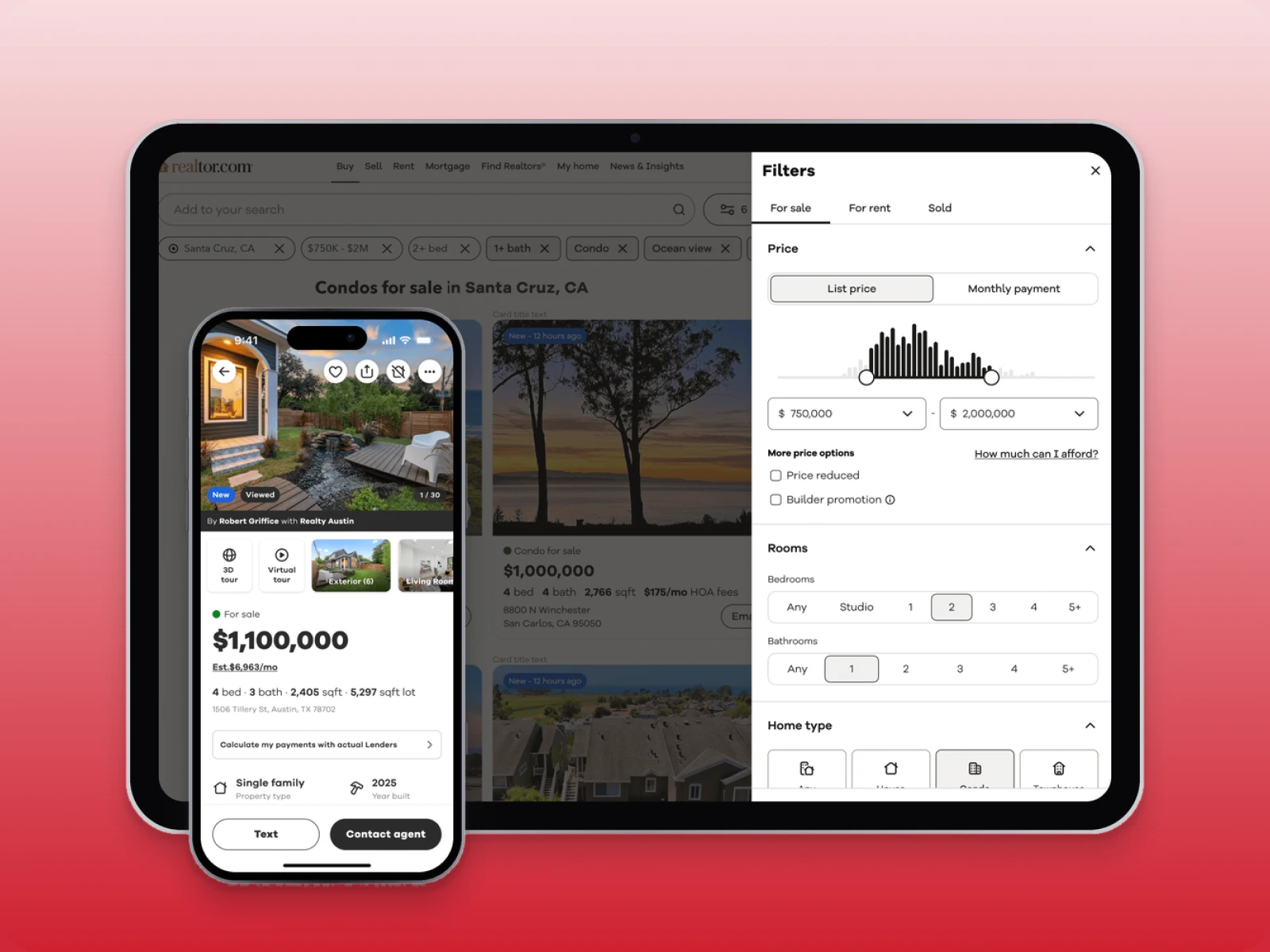 Realtor.com search on an iPad and a listing screen on an iPhone