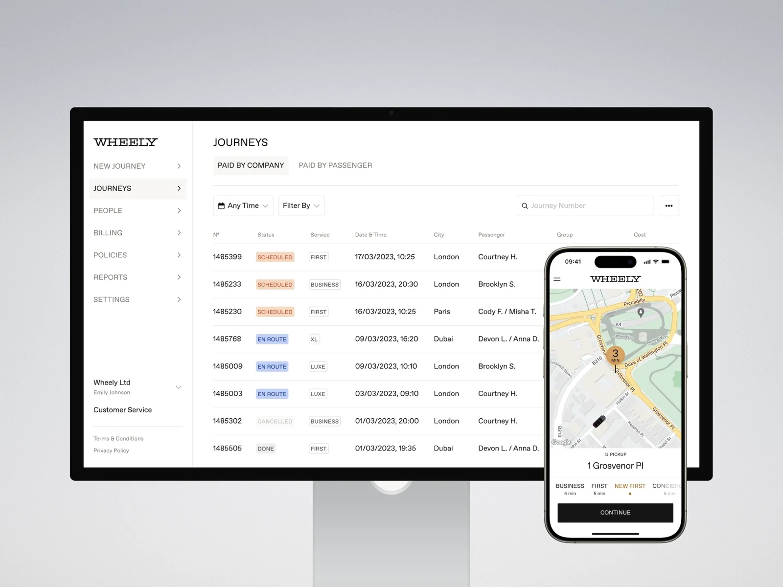Wheely admin web portal on a desktop monitor and the passenger app on a phone