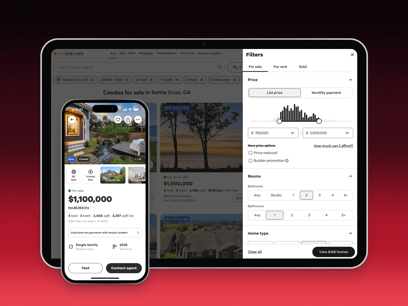 Realtor.com search on an iPad and a listing screen on an iPhone