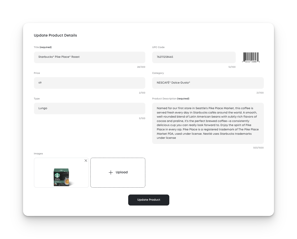 A form interface titled "Update Product Details" used to edit product information. It includes fields for Title, UPC Code, Price, Category, Type, and Product Description. A product image is shown at the bottom left, with an option to upload additional images. A barcode is displayed next to the UPC Code field. The "Update Product" button is located at the bottom center.