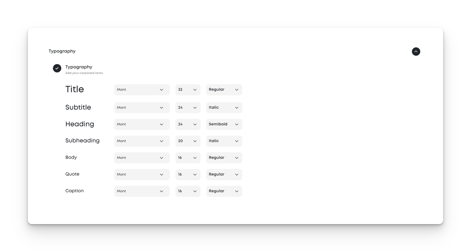 Typography settings panel for customizing fonts, sizes, and styles across headings, body text, captions, and more.