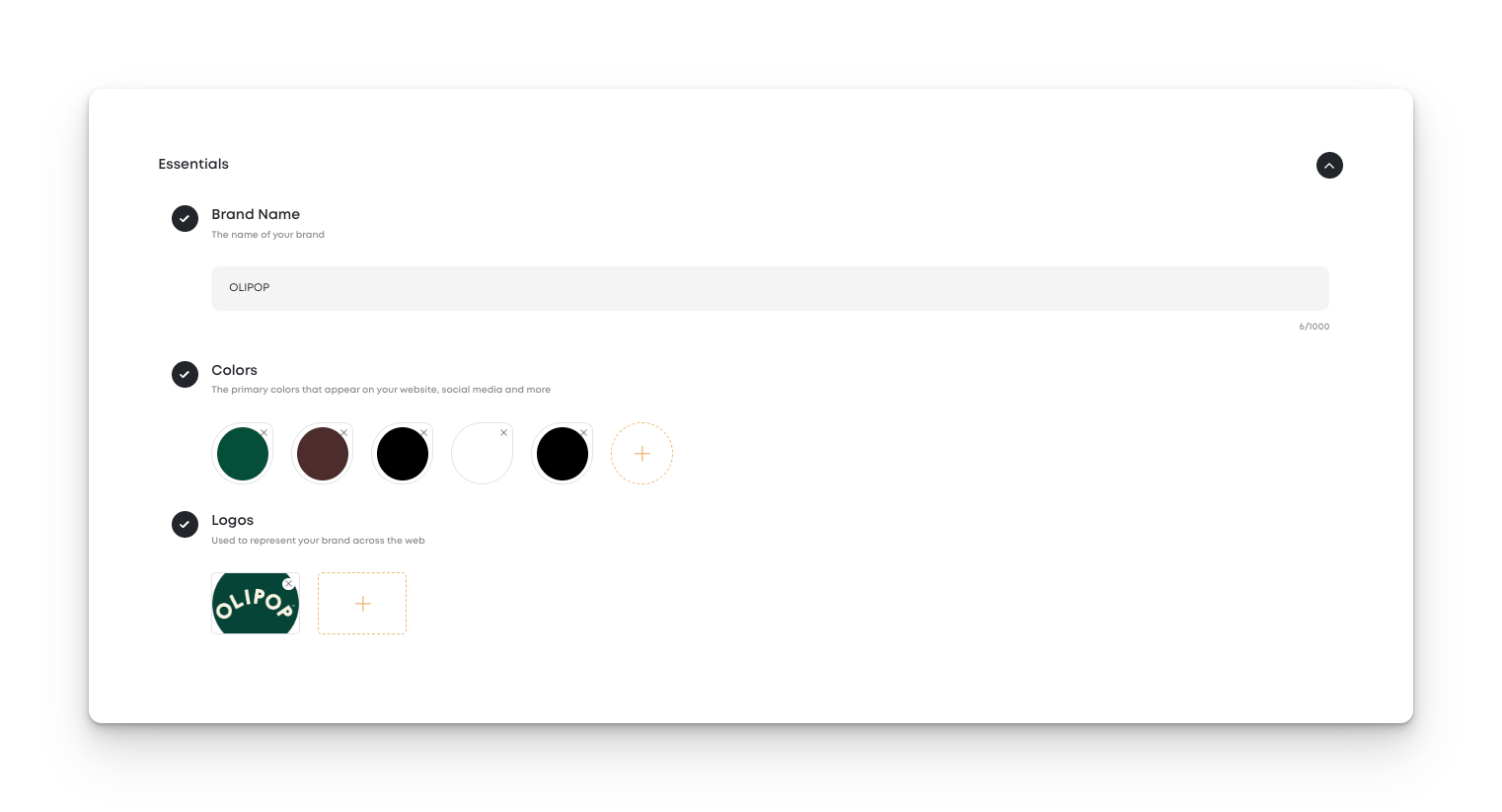Brand essentials section with brand name 'OLIPOP', selected brand colors, and logo upload area.