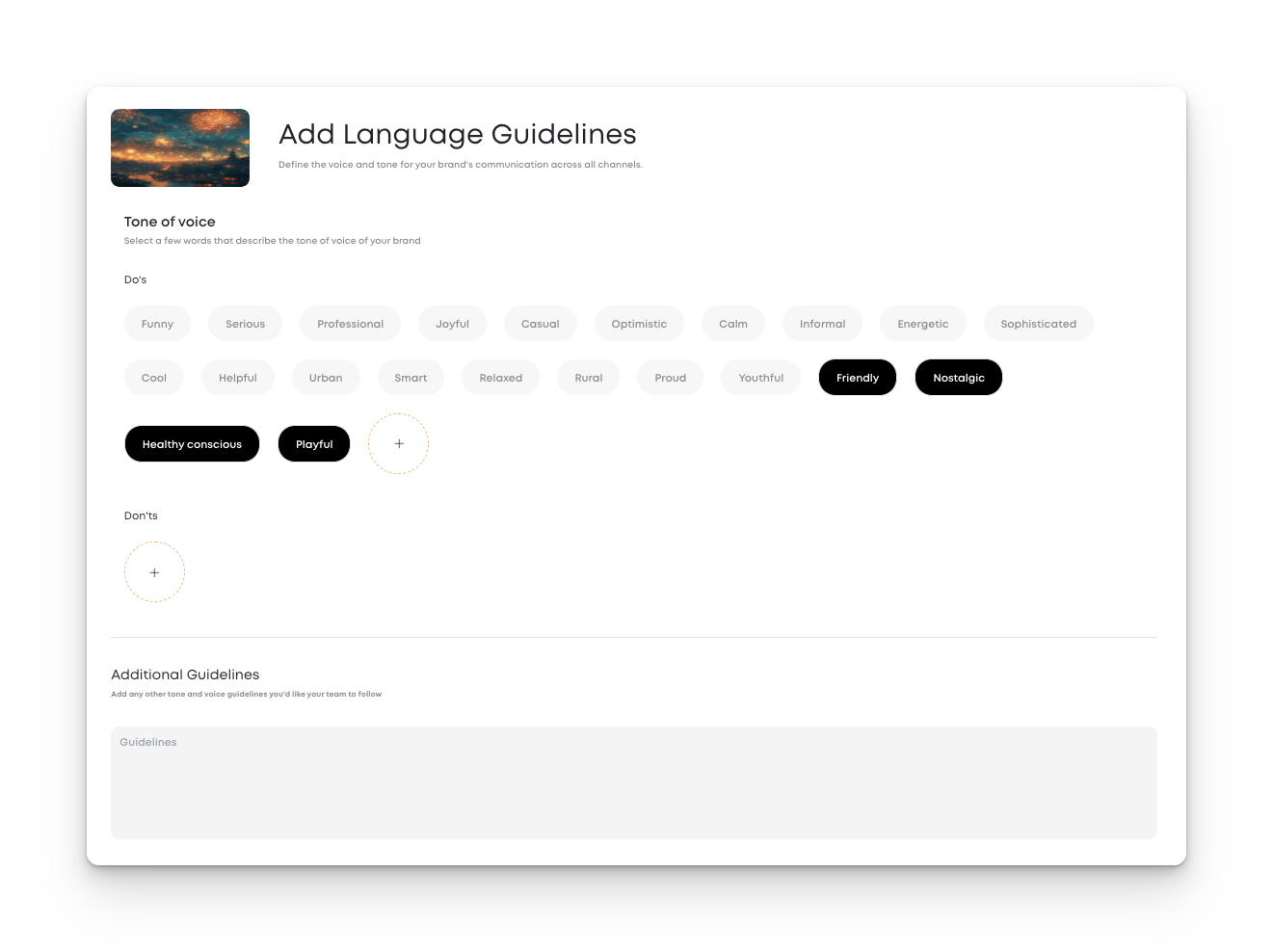 Language guidelines setup showing tone of voice 'Do's' such as Playful, Friendly, and Nostalgic. Users can also add 'Don'ts' and extra guidelines.