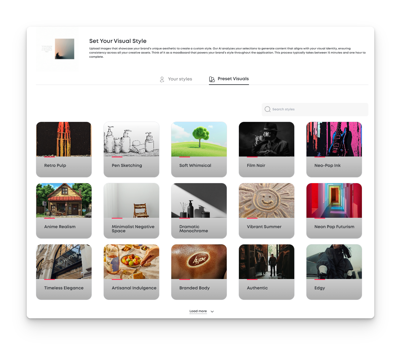 Grid of preset visual styles including Retro Pulp, Pen Sketching, Soft Whimsical, Film Noir, Neo-Pop Ink, and more. Option to search or load more styles.