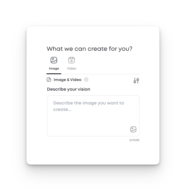 Prompt input screen asking users to describe their vision for an image or video. Toggle options available for image, video, or both.