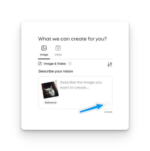 Prompt input screen with a reference image uploaded to help describe the vision. A blue arrow points to the image upload icon.