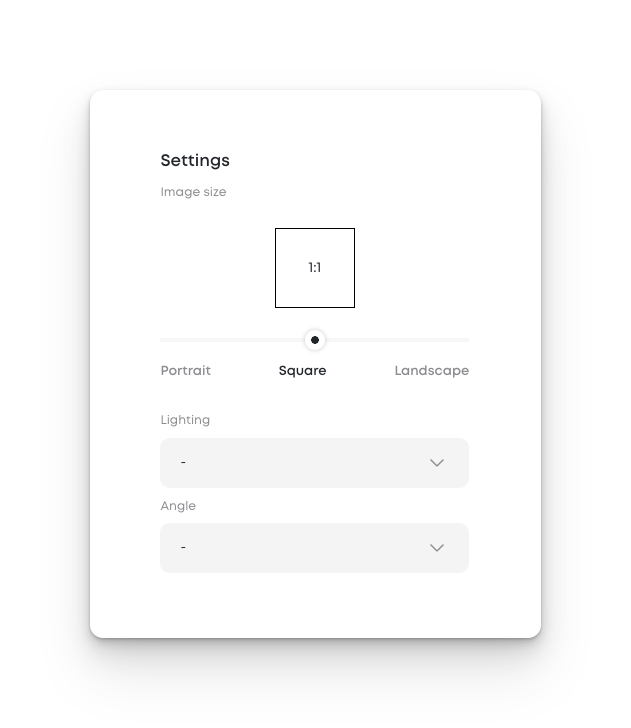 Image settings panel with options to select aspect ratio—portrait, square, or landscape—along with dropdowns for lighting and camera angle.