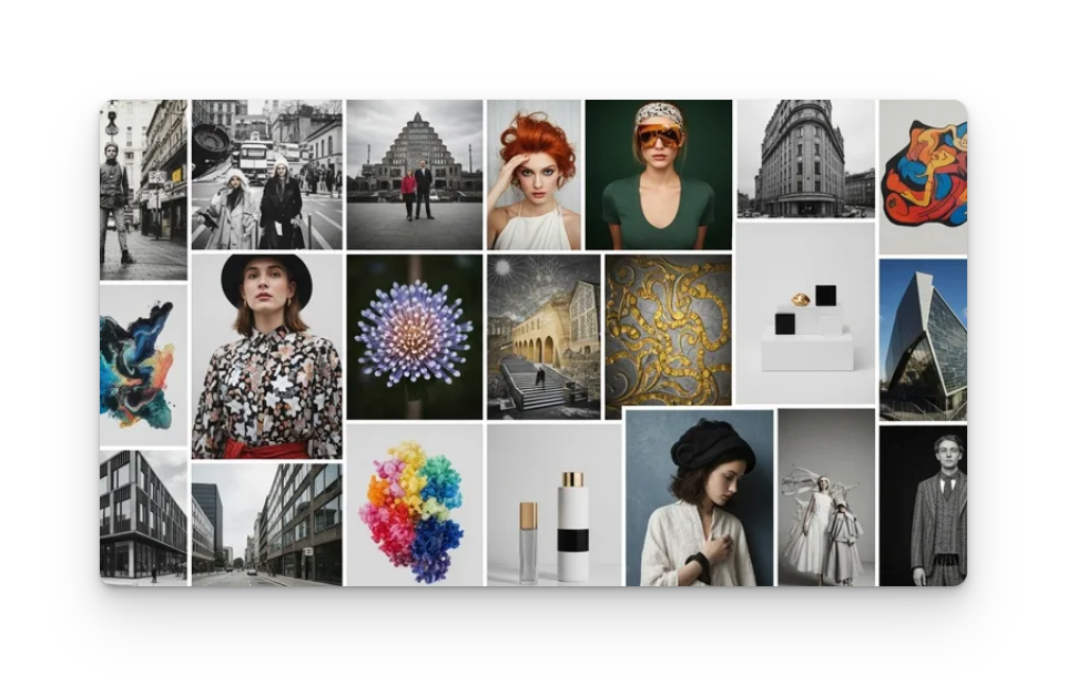 Moodboard collage featuring black-and-white street photography, bold fashion portraits, modern architecture, abstract art, and luxury product photography.