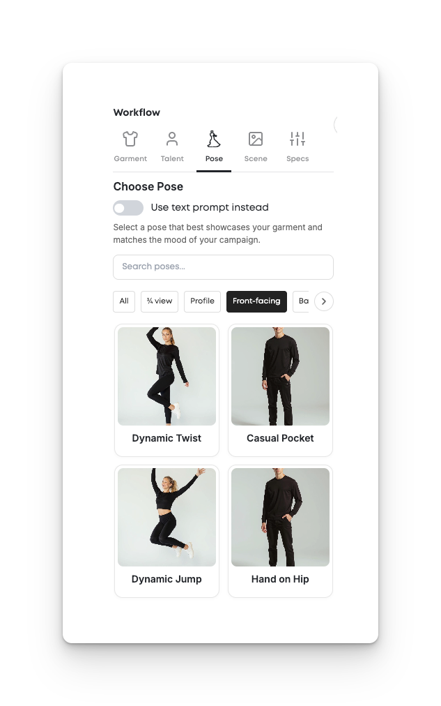 Pose selection screen within the workflow interface, allowing the user to choose from various front-facing poses. Options shown include Dynamic Twist, Casual Pocket, Dynamic Jump, and Hand on Hip, each represented with a photo of a model.