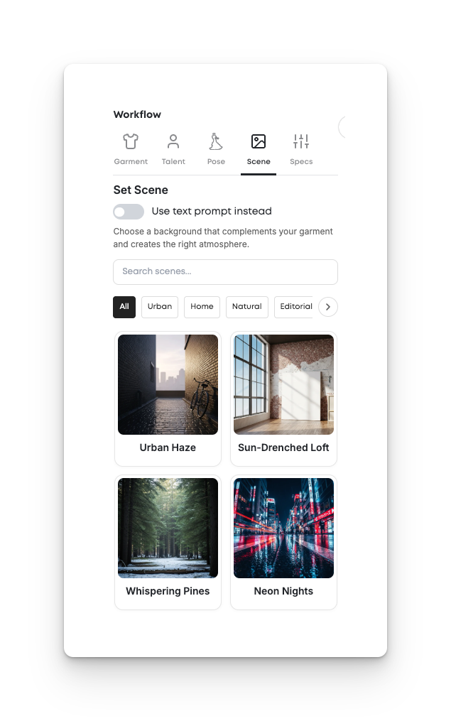 Scene selection screen showing different background options for a fashion shoot. The categories include Urban, Home, Natural, and Editorial. Visible scenes are Urban Haze, Sun-Drenched Loft, Whispering Pines, and Neon Nights.