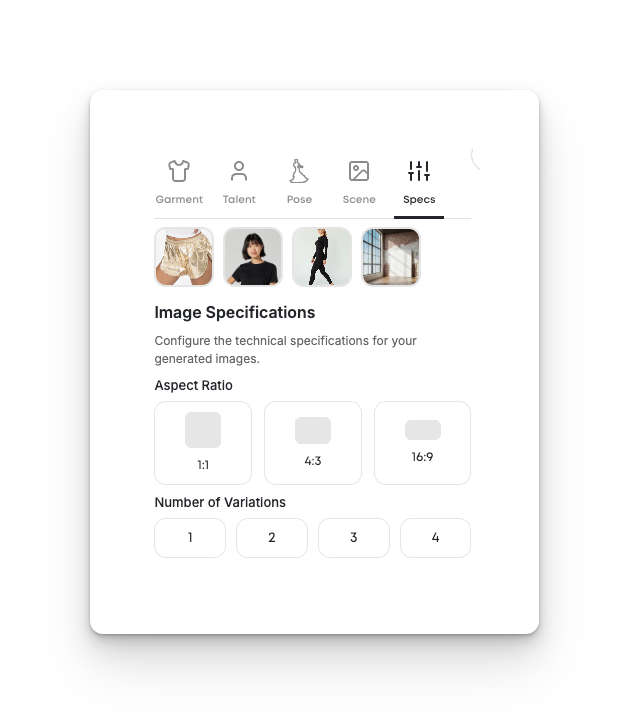 Panel for configuring image specifications, including aspect ratio and number of variations. Four aspect ratios are shown visually, with the ability to generate between one and four image variations.