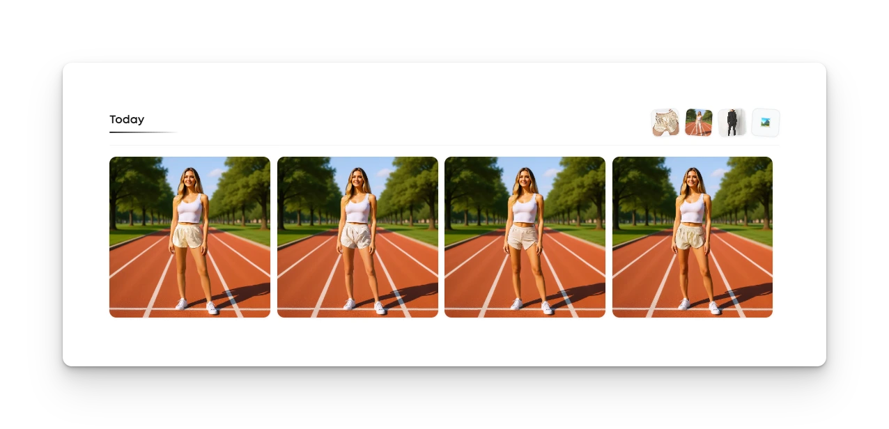 photos of a female model wearing a white tank top and gold athletic shorts, posing confidently on an outdoor running track. 