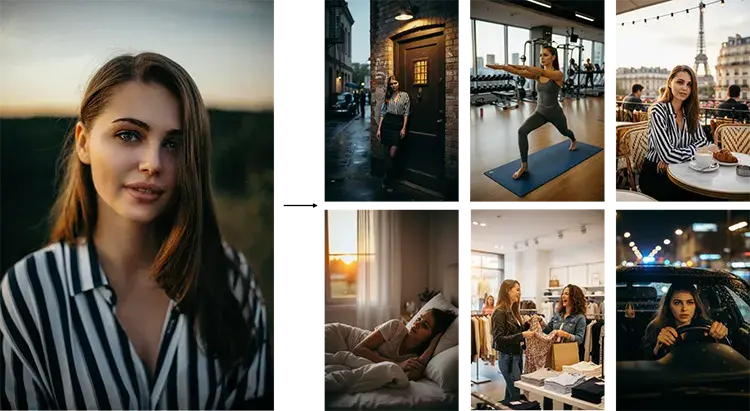 A collage of lifestyle scenes of the same woman—outdoors, in a café, at yoga, shopping, and driving—created with MorningAI gen AI to show multiple generated images for marketing campaigns.