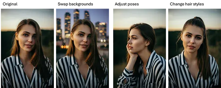 Four portraits of the same woman in different poses and lighting conditions, generated by MorningAI’s gen AI platform to demonstrate character consistency for marketing visuals.