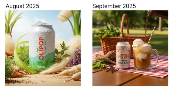 Side-by-side product marketing comparison generated by MorningAI’s gen AI: August 2025 image shows a fresh OLIPOP can surrounded by natural ingredients, while September 2025 image presents an outdoor picnic with OLIPOP root beer floats being poured. Highlights seasonal storytelling and campaign evolution using generative AI for marketing.