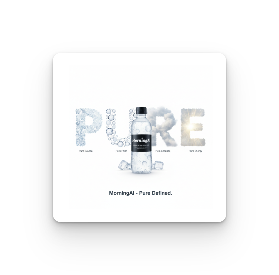 PURE spelled out in snow, water, clouds, and energy with a MorningAI water bottle
