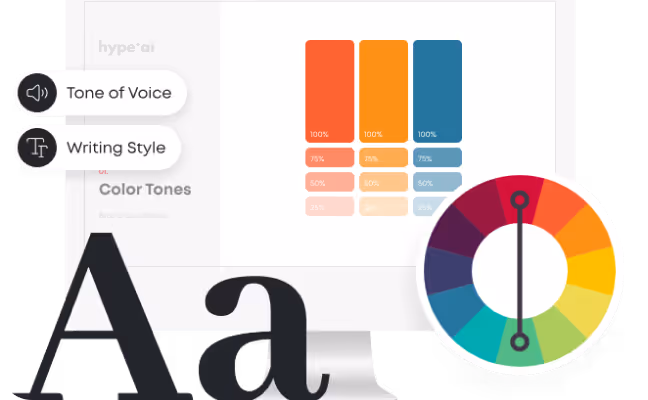 BrandDNA interface showing a computer screen with a color palette of orange, blue, and teal swatches, overlay icons labeled 'Tone of Voice' and 'Writing Style,' large decorative letter A symbols, and a circular color wheel icon in the foreground.