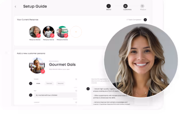 CustomerDNA setup guide interface showing current customer personas and the option to add a new persona called 'Gourmet Gals,' with demographic details and preferences; a large circular photo of a smiling woman overlaid on the right.