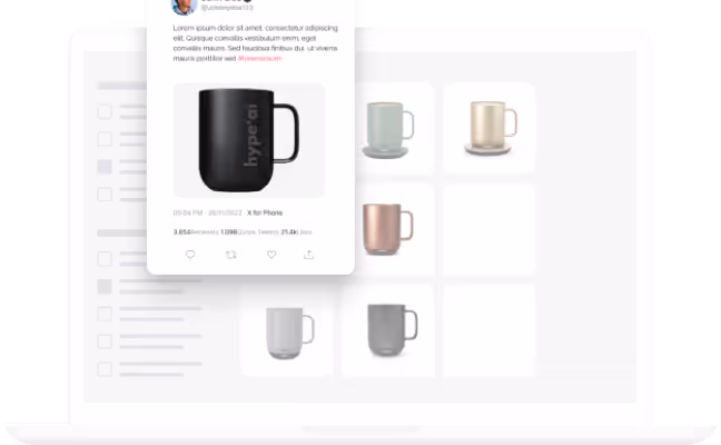 ProductDNA interface showing a digital product catalog on a laptop screen with multiple mug designs in various colors, and an overlaid social media post featuring a black mug.