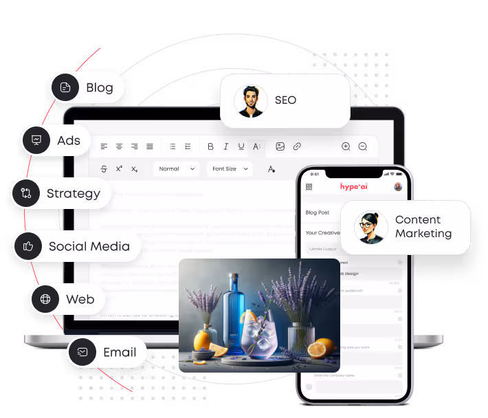 Digital marketing interface of MorningAI showing blog, ads, strategy, social media, web, and email tools on a laptop and smartphone screen, with floating icons for SEO and content marketing, and an AI-generated image of a gin bottle with lavender and citrus garnish.