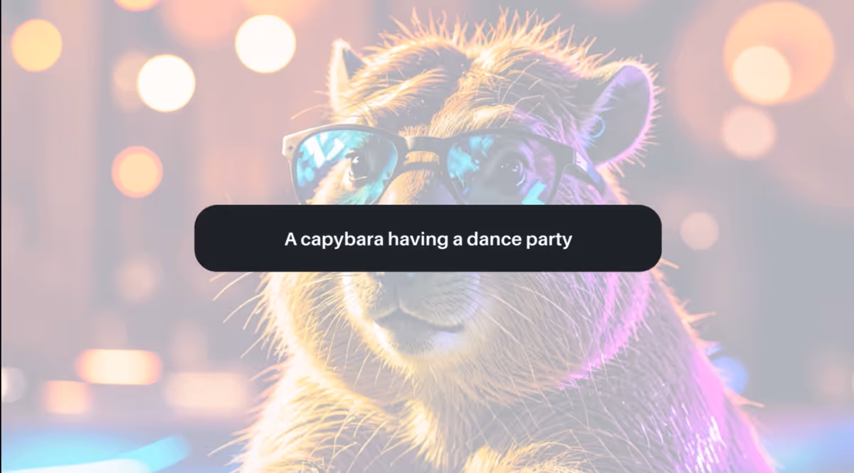 Stylized image of a capybara wearing sunglasses, illuminated by colorful party lights, with text overlay reading 'A capybara having a dance party.'