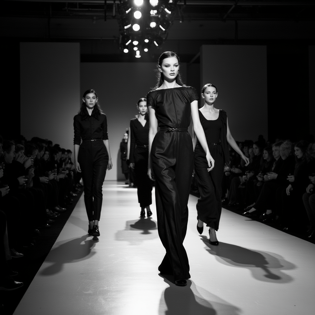 Black and white photo of female models walking down a fashion runway in elegant black outfits.