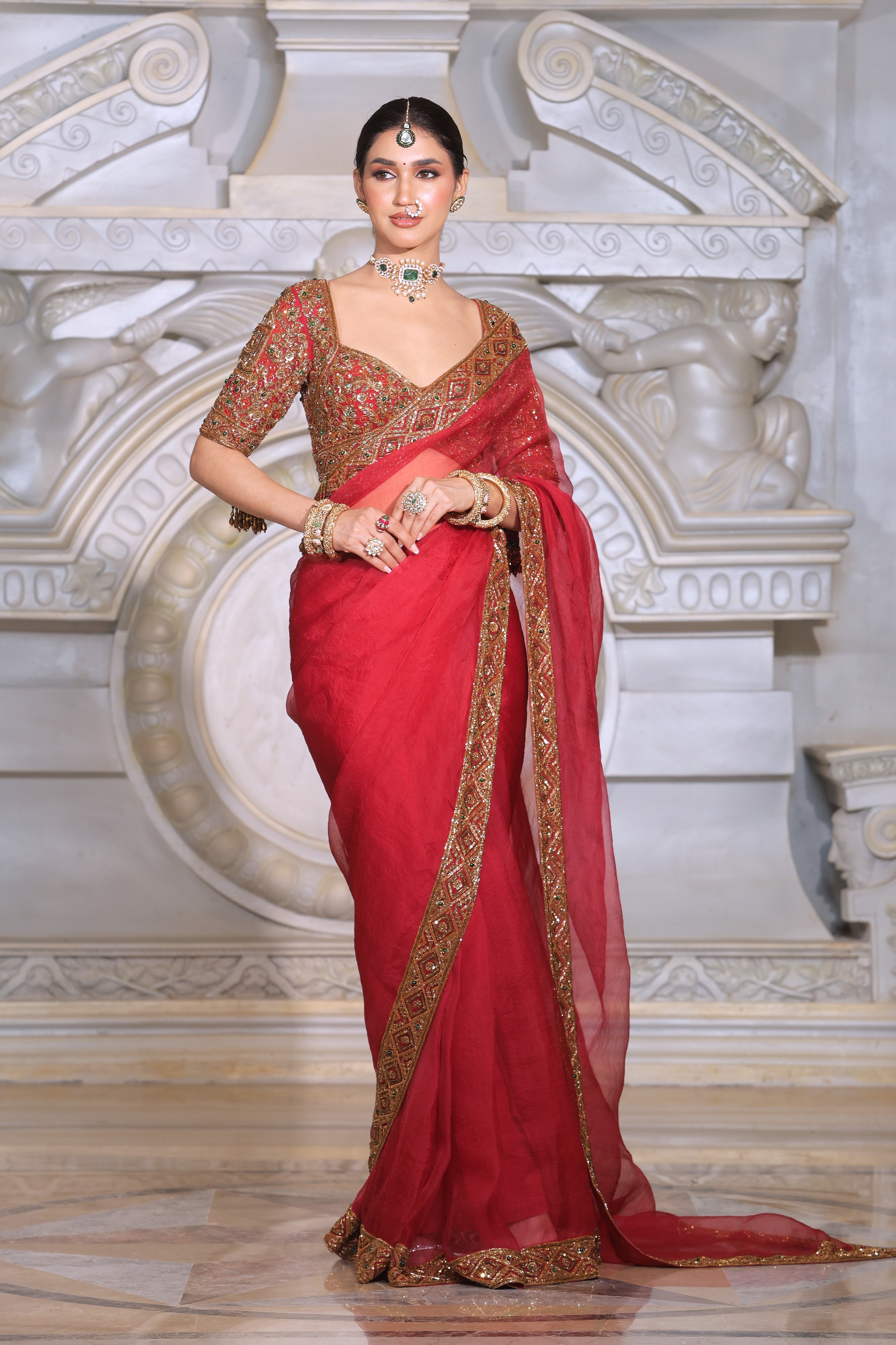 Crimson red saree from rangrej collection