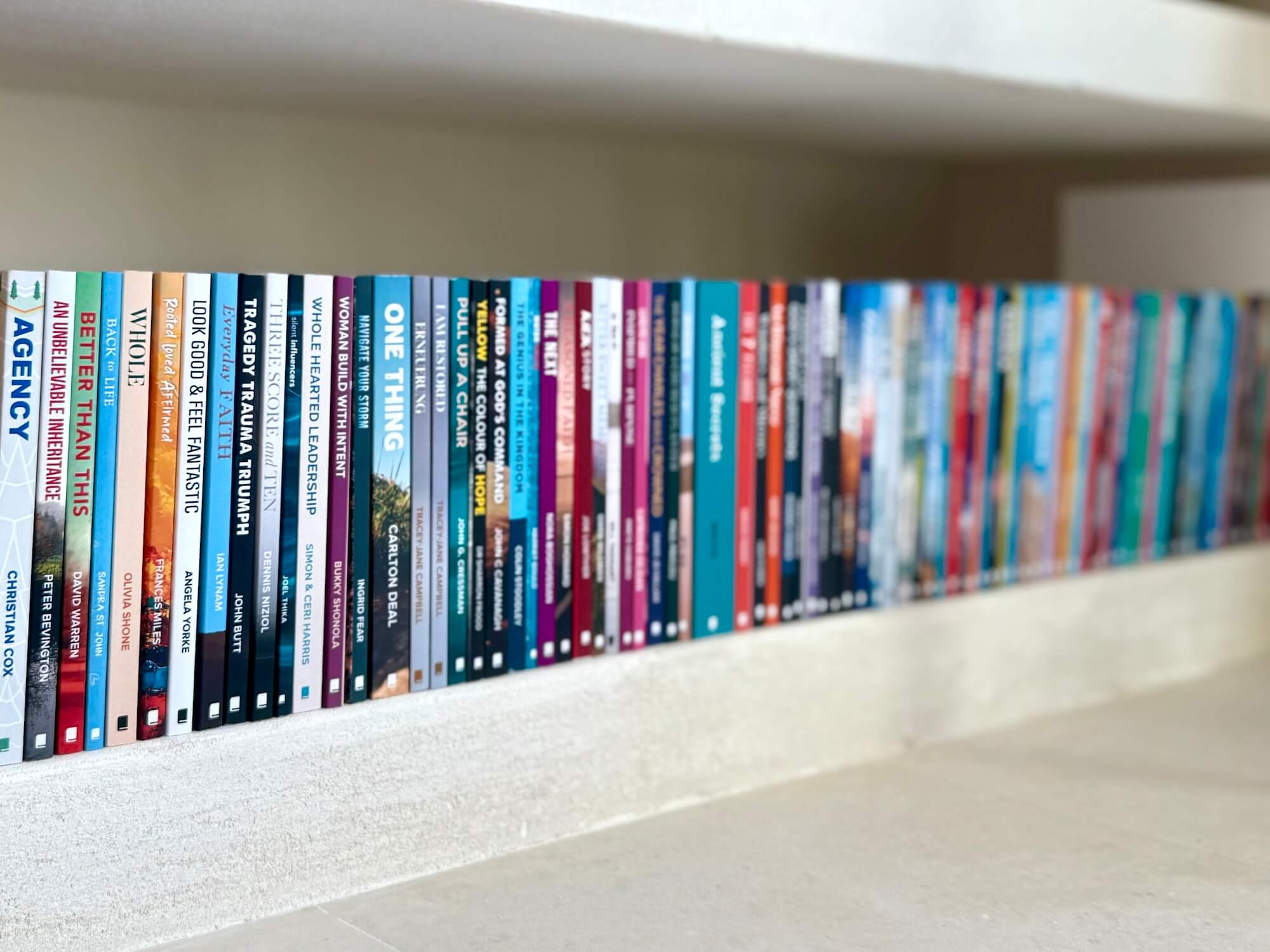 Shelf filled with a colorful row of various books standing upright against a white wall.