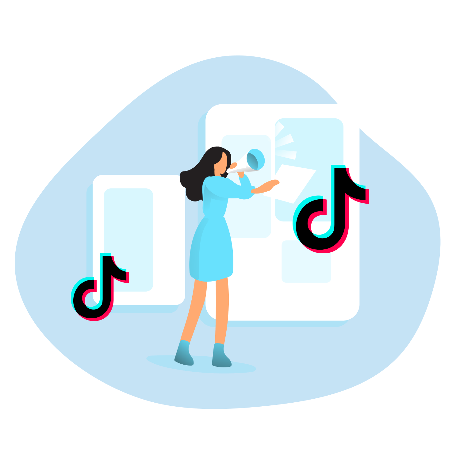 Drawing of a girl in front of TikTok screens
