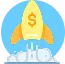 Rocket with a dollar sign on its body launching upwards, symbolising financial growth or investment.