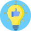 Yellow light bulb icon with blue background and small light rays around it.