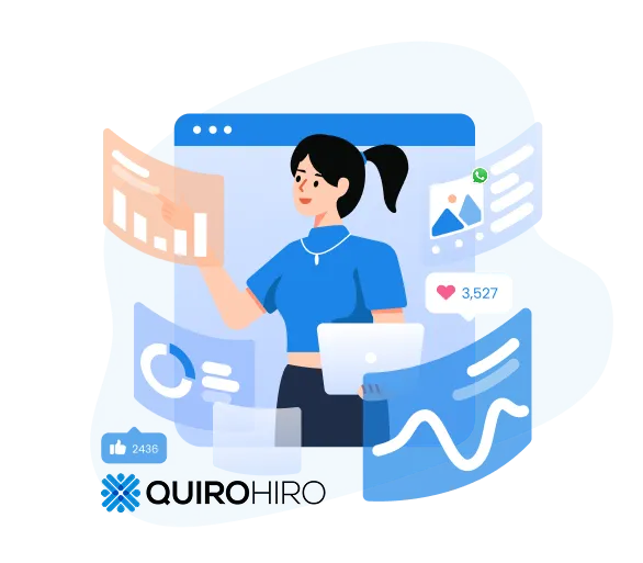 Illustration of a woman holding a laptop surrounded by floating digital charts, social media icons, and engagement metrics.
