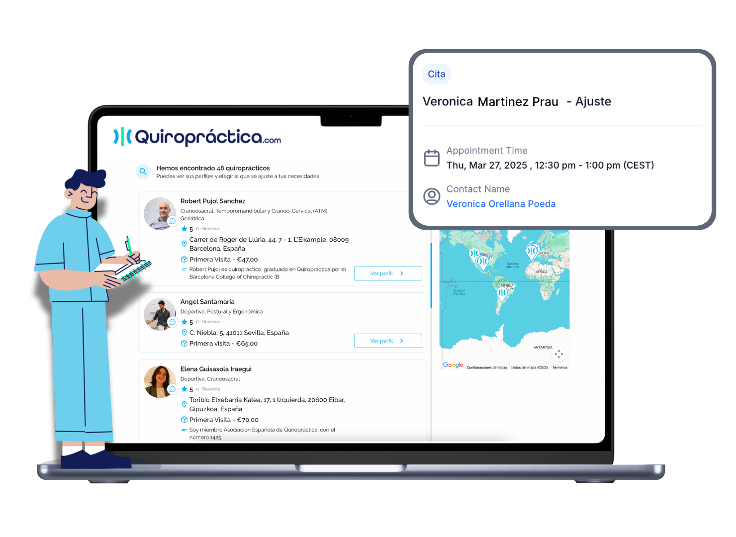 Illustration of a person writing next to a laptop showing a chiropractic website with a list of chiropractors and a booking confirmation for Veronica Martinez Prau.